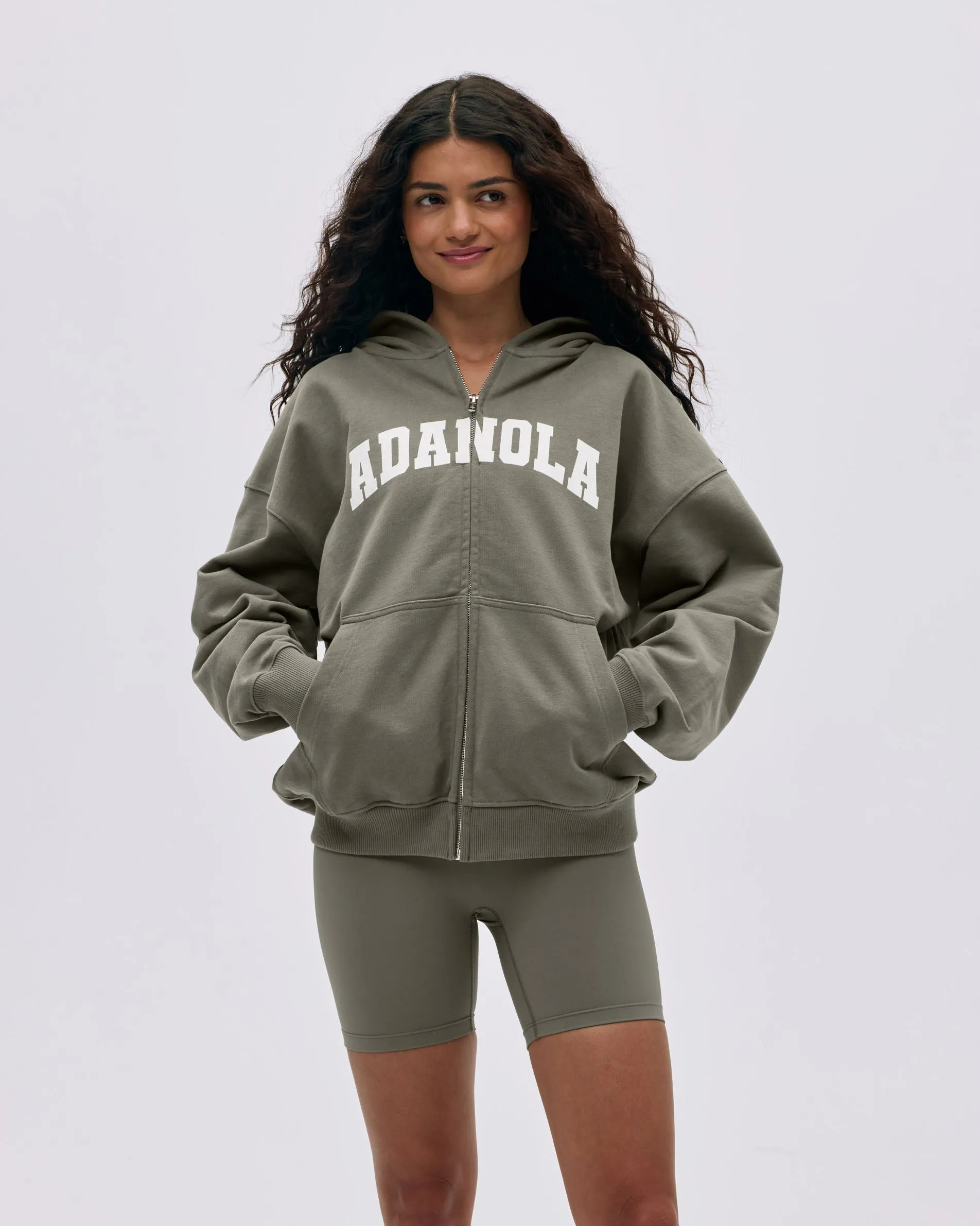 Varsity Oversized Full Zip Hoodie - Olive Green/Marshmallow White sold by Adanola