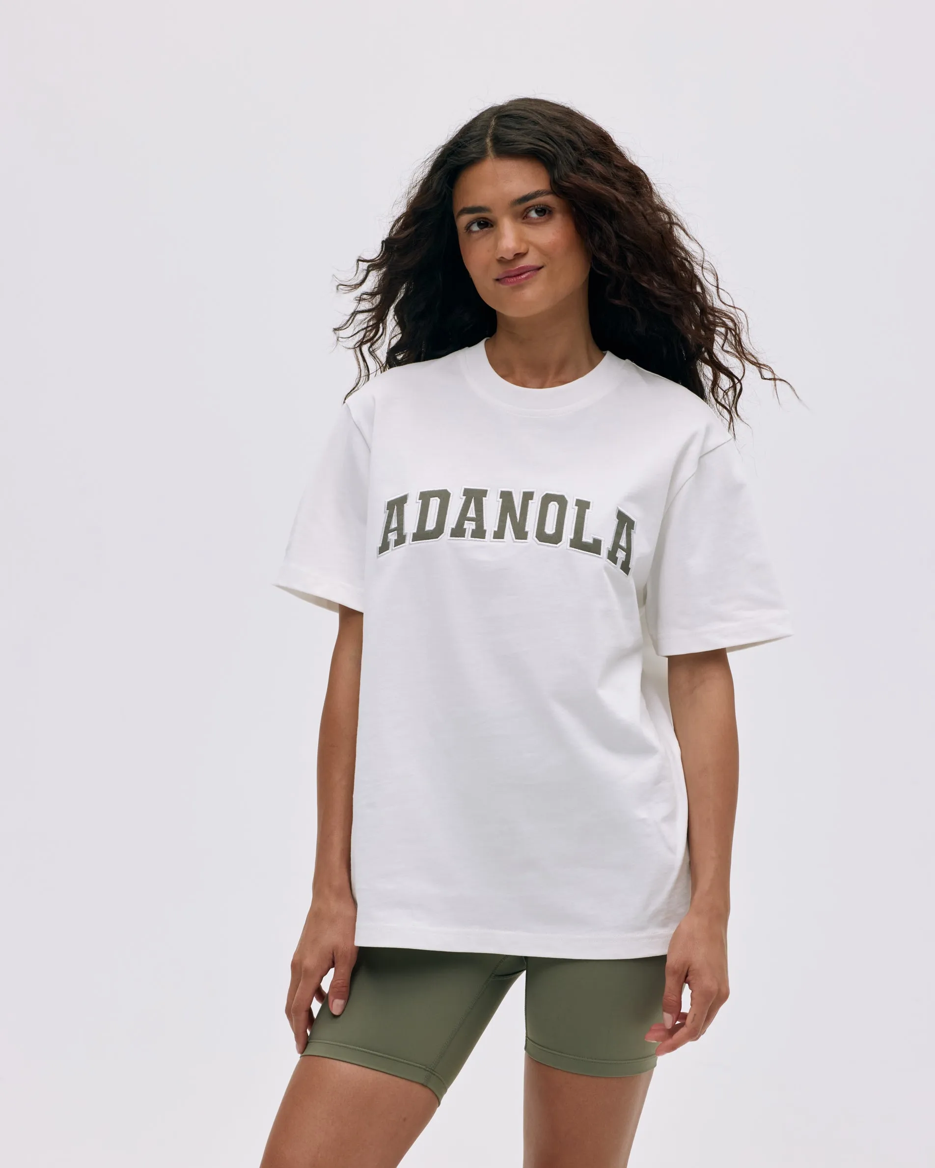 Varsity Short Sleeve Oversized T-shirt - White/Olive Green sold by Adanola