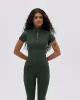 Ultimate Short Sleeve Zip Up Top - Dark Olive sold by Adanola