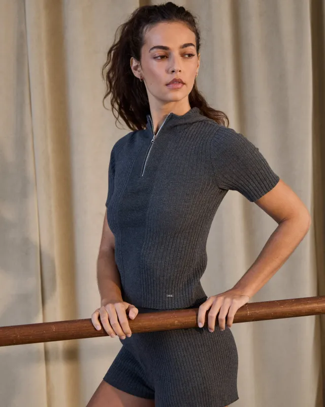 Rib Knit Quarter Zip Hooded Top - Graphite Grey sold by Adanola