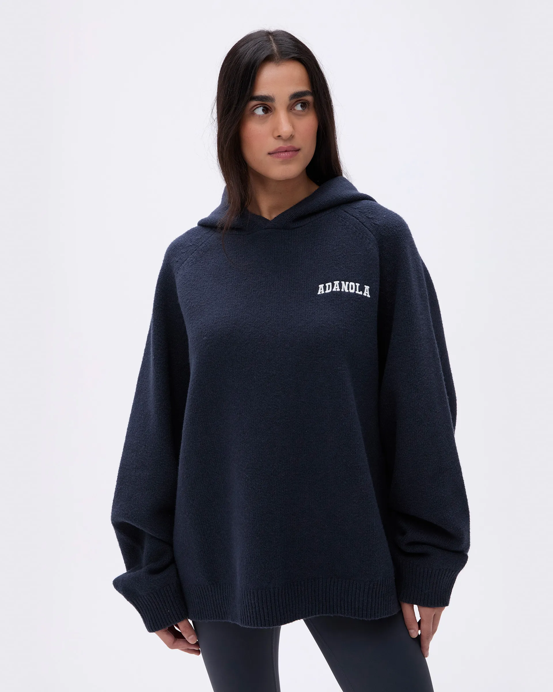 Varsity Oversized Knit Hoodie - Deep Midnight Blue/Cream sold by Adanola