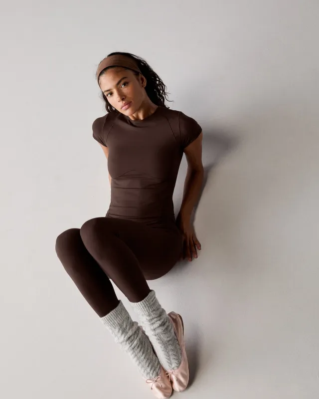 Ultimate Short Sleeve Seam Detail Curved Hem Top - Chocolate Brown sold by Adanola