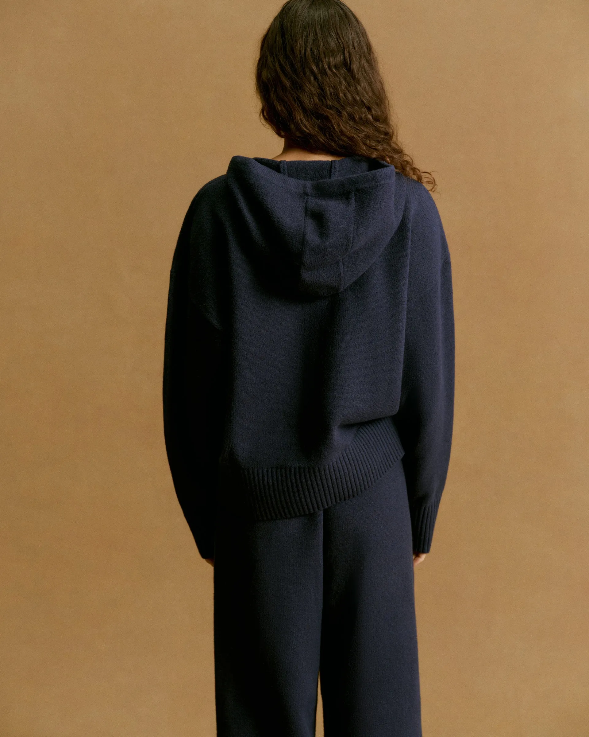 Varsity Knit Hooded Bomber Jacket - Navy Blue/Marshmallow White sold by Adanola product image thumbnail 2