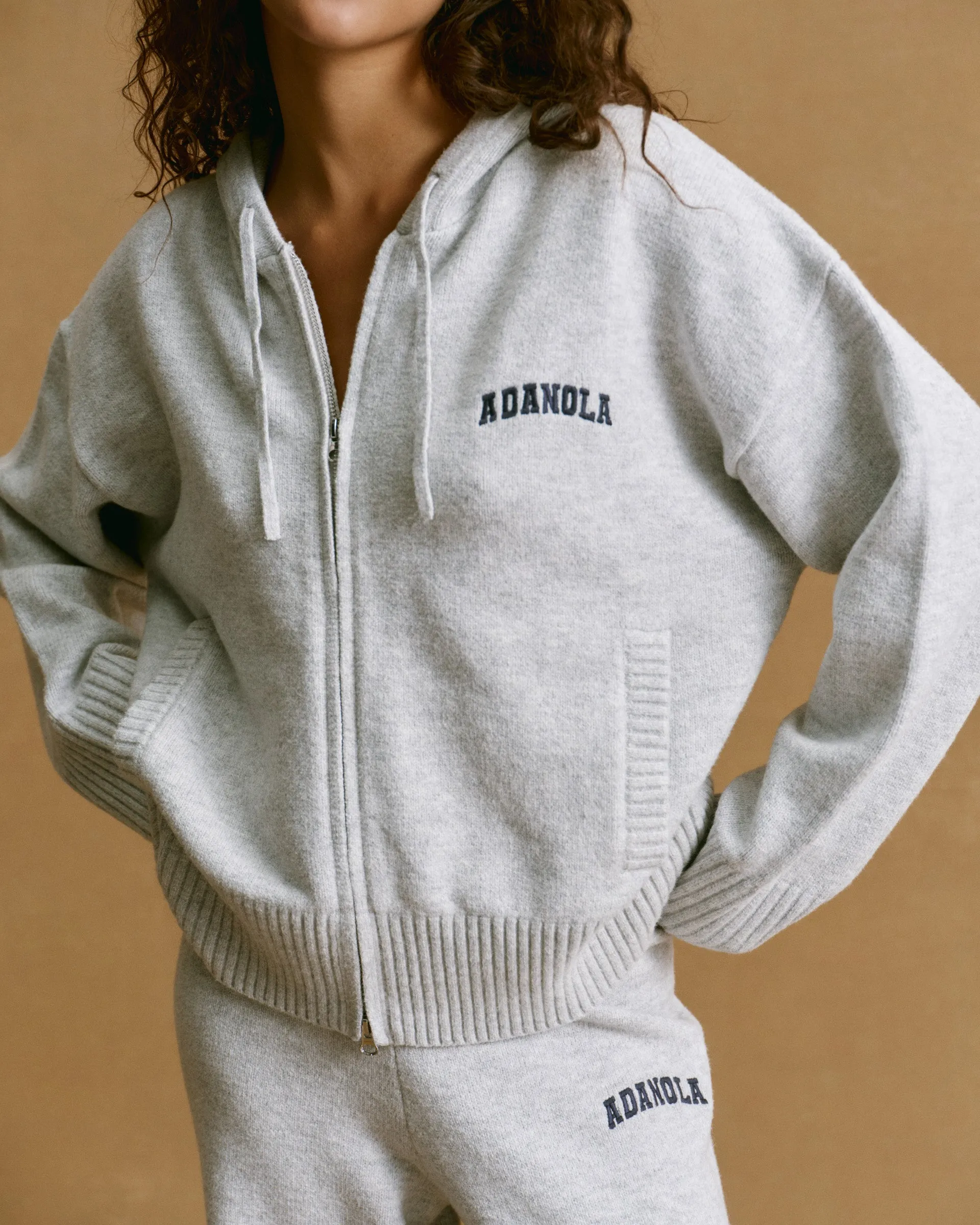 Varsity Knit Hooded Bomber Jacket - Light Grey Melange/Navy Blue sold by Adanola