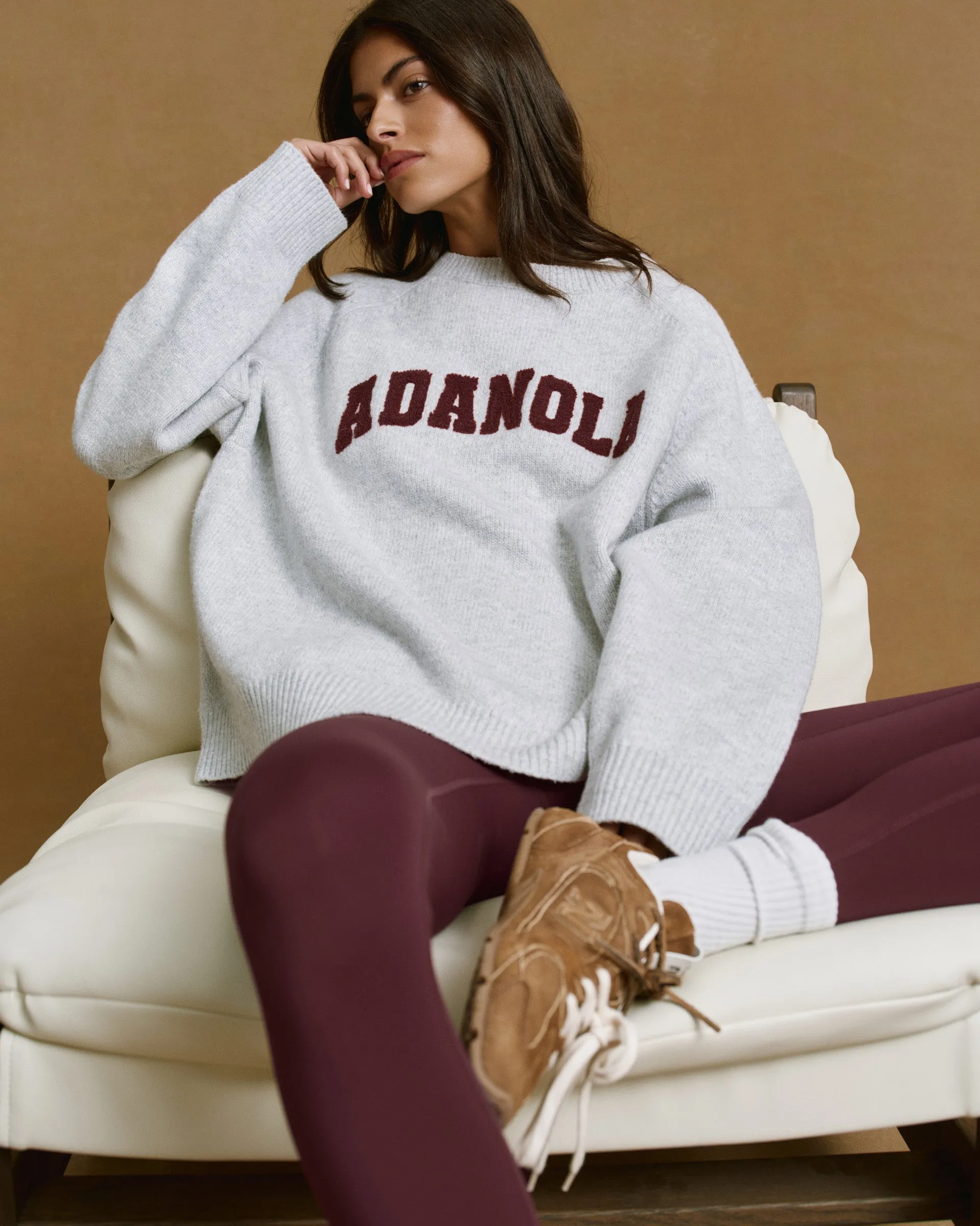 Varsity Boucle Oversized Knit Sweatshirt - Light Grey Melange/Burgundy sold by Adanola