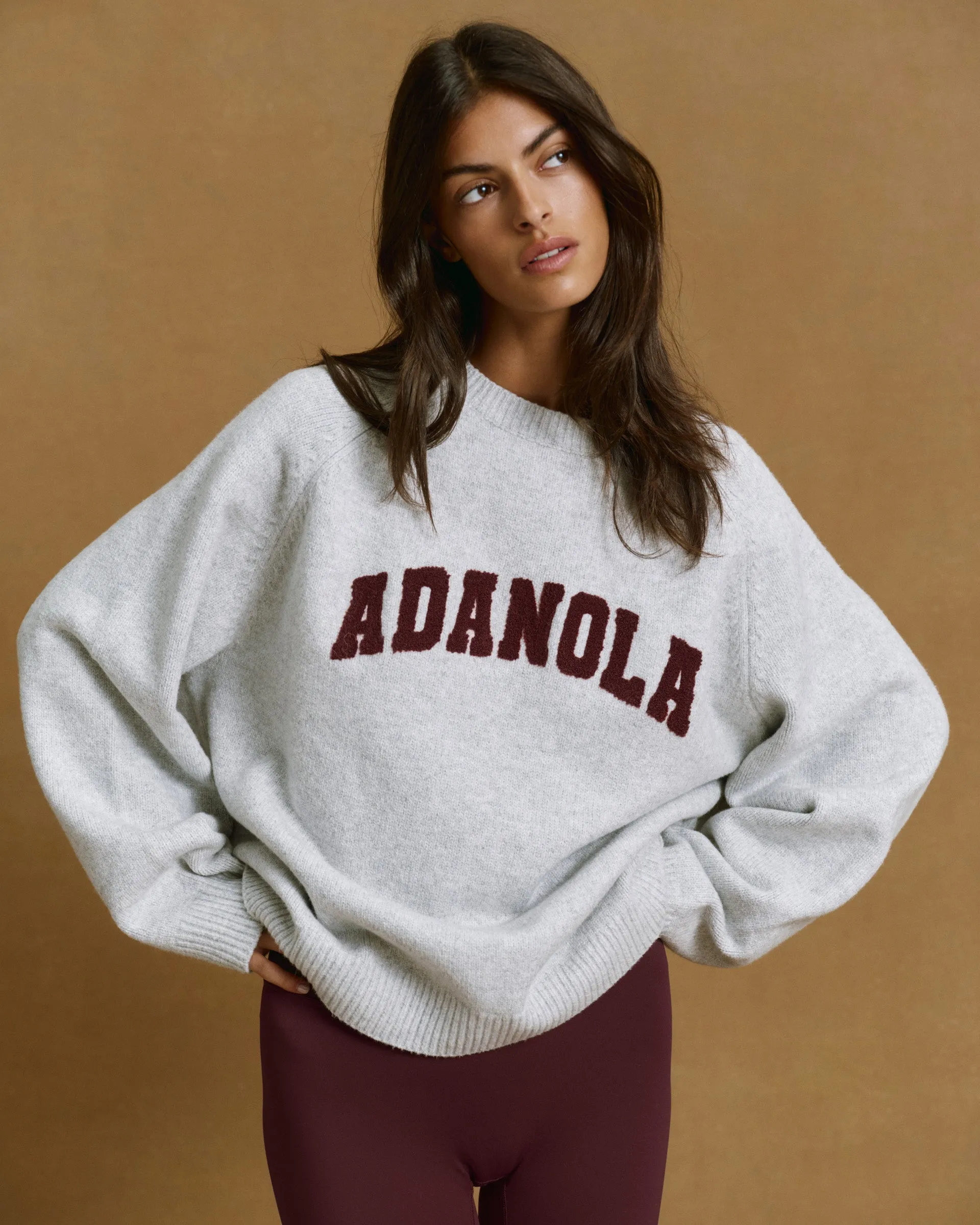 Varsity Boucle Oversized Knit Sweatshirt - Light Grey Melange/Burgundy sold by Adanola product image thumbnail 3