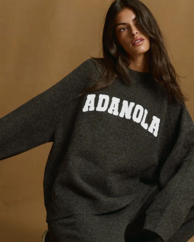 Varsity Boucle Oversized Knit Sweatshirt - Charcoal Grey/Marshmallow White sold by Adanola