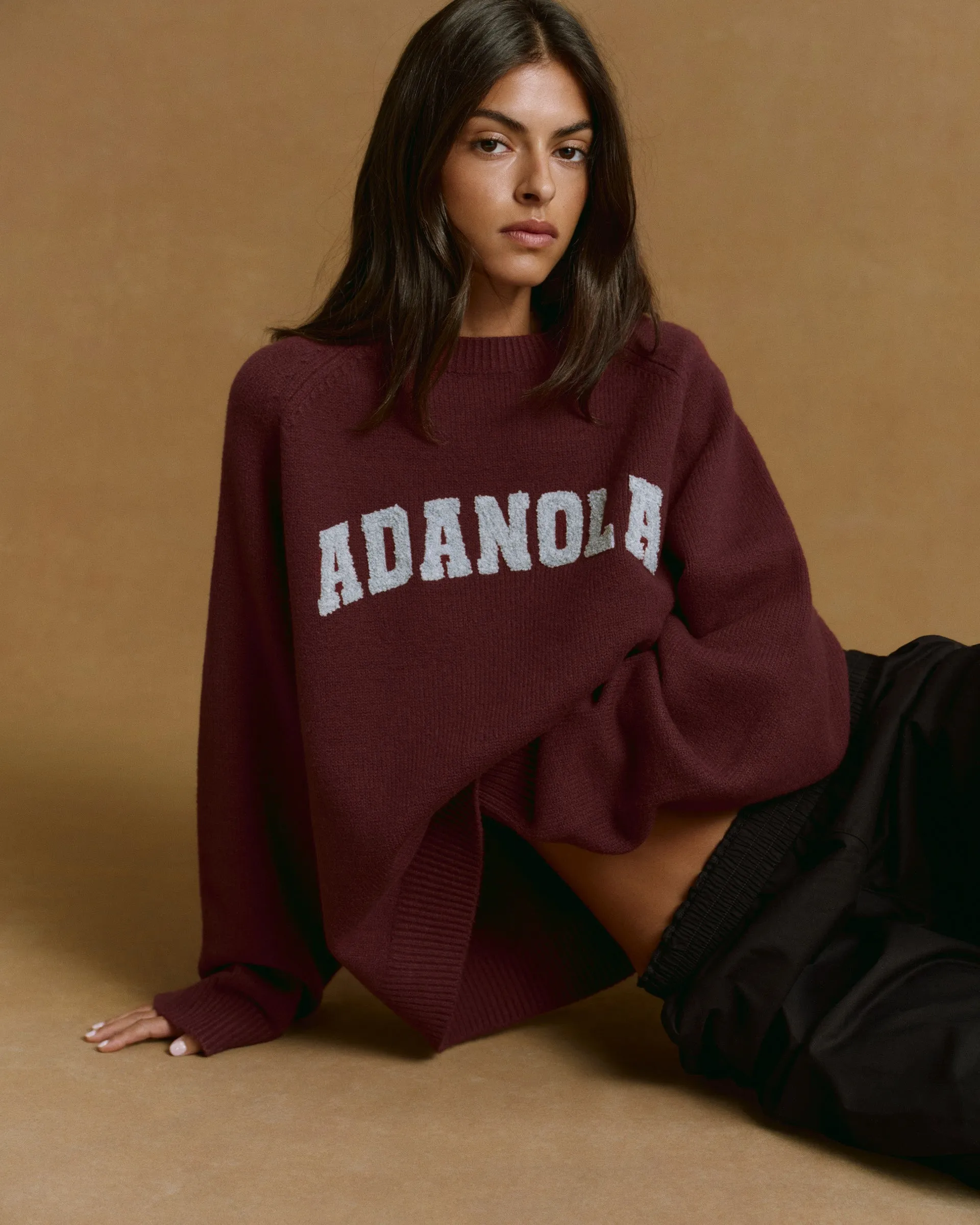 Varsity Boucle Oversized Knit Sweatshirt - Burgundy/Light Grey Melange sold by Adanola