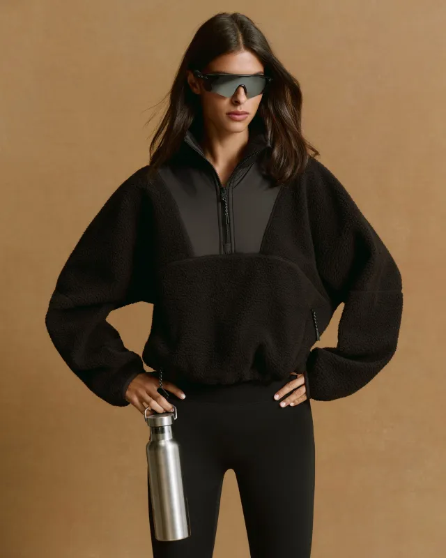 Seam Detail Quarter Zip Polar Fleece - Black sold by Adanola