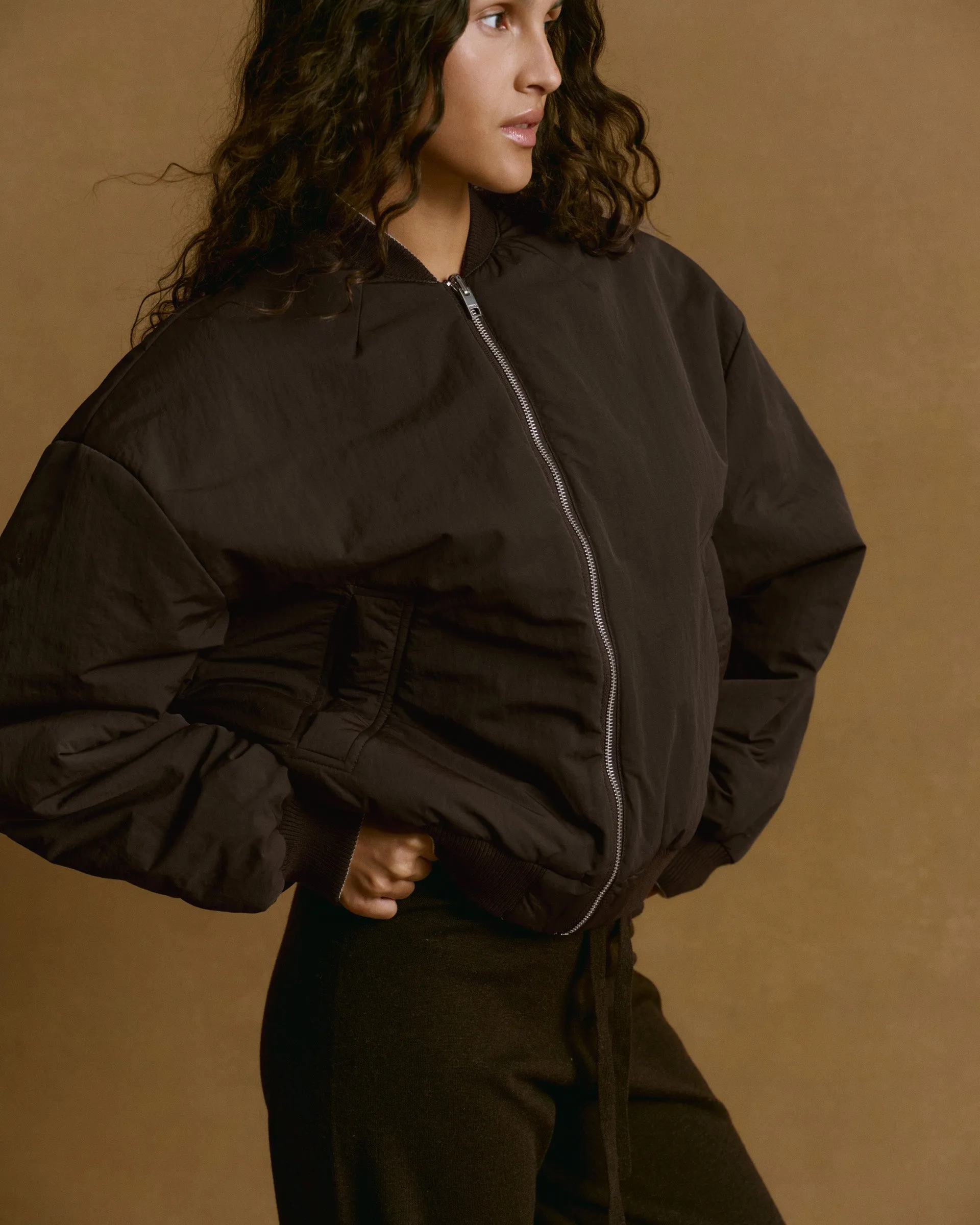 Drop Shoulder Reversible Bomber Jacket - Coffee Bean/Marshmallow White sold by Adanola