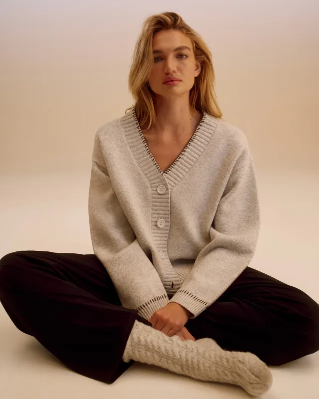 Knit Blanket Stitch Cardigan - Light Grey Melange sold by Adanola