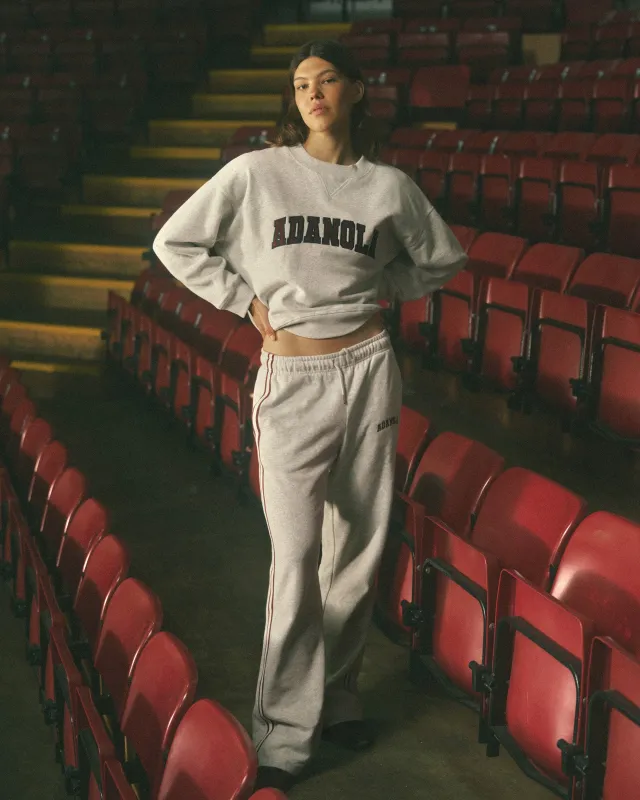 Varsity Loose Fit Straight Leg Sweatpants - Light Grey Melange/Dark Cherry sold by Adanola