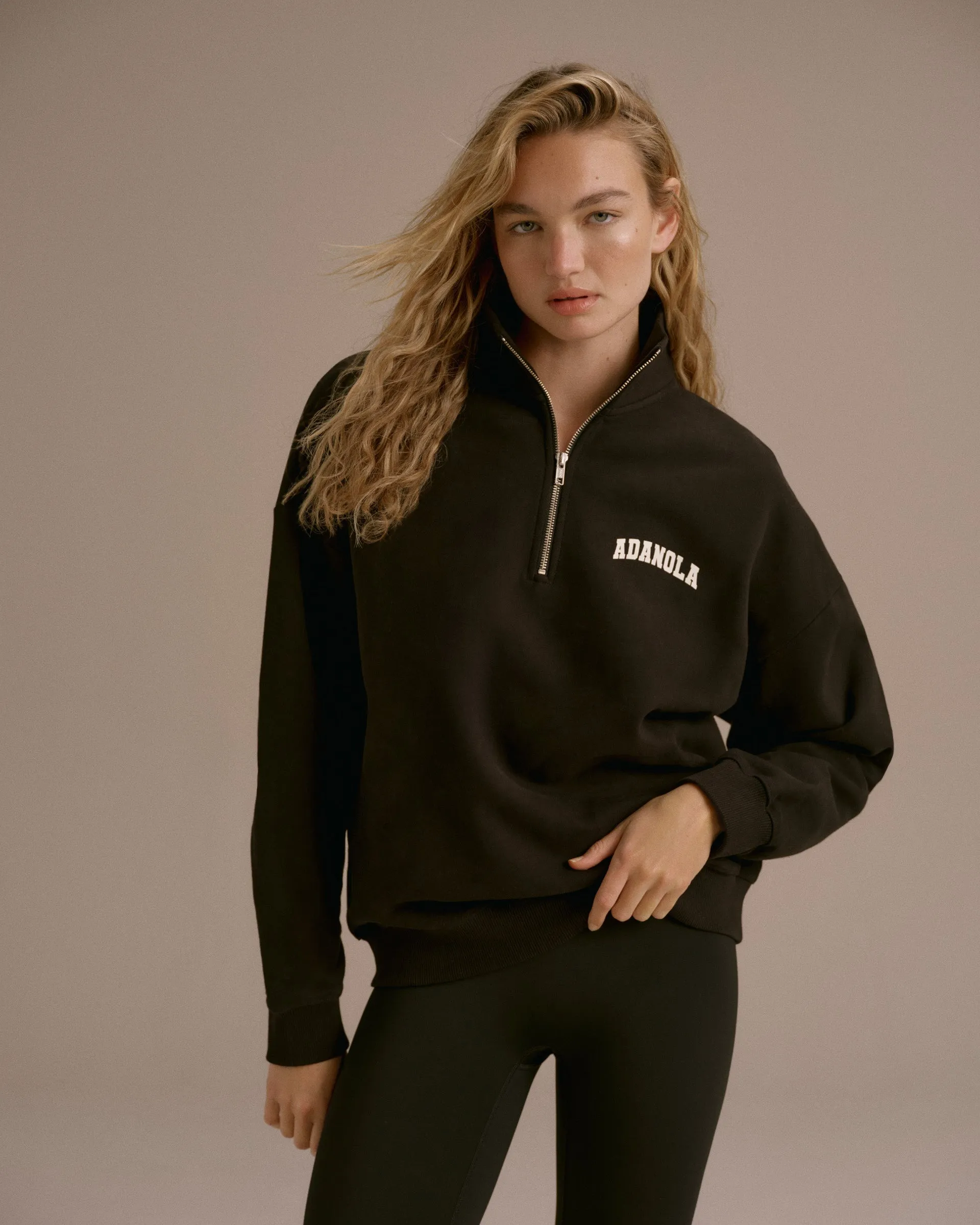 Varsity Oversized Funnel Neck Zip Sweatshirt - Black/Marshmallow White sold by Adanola