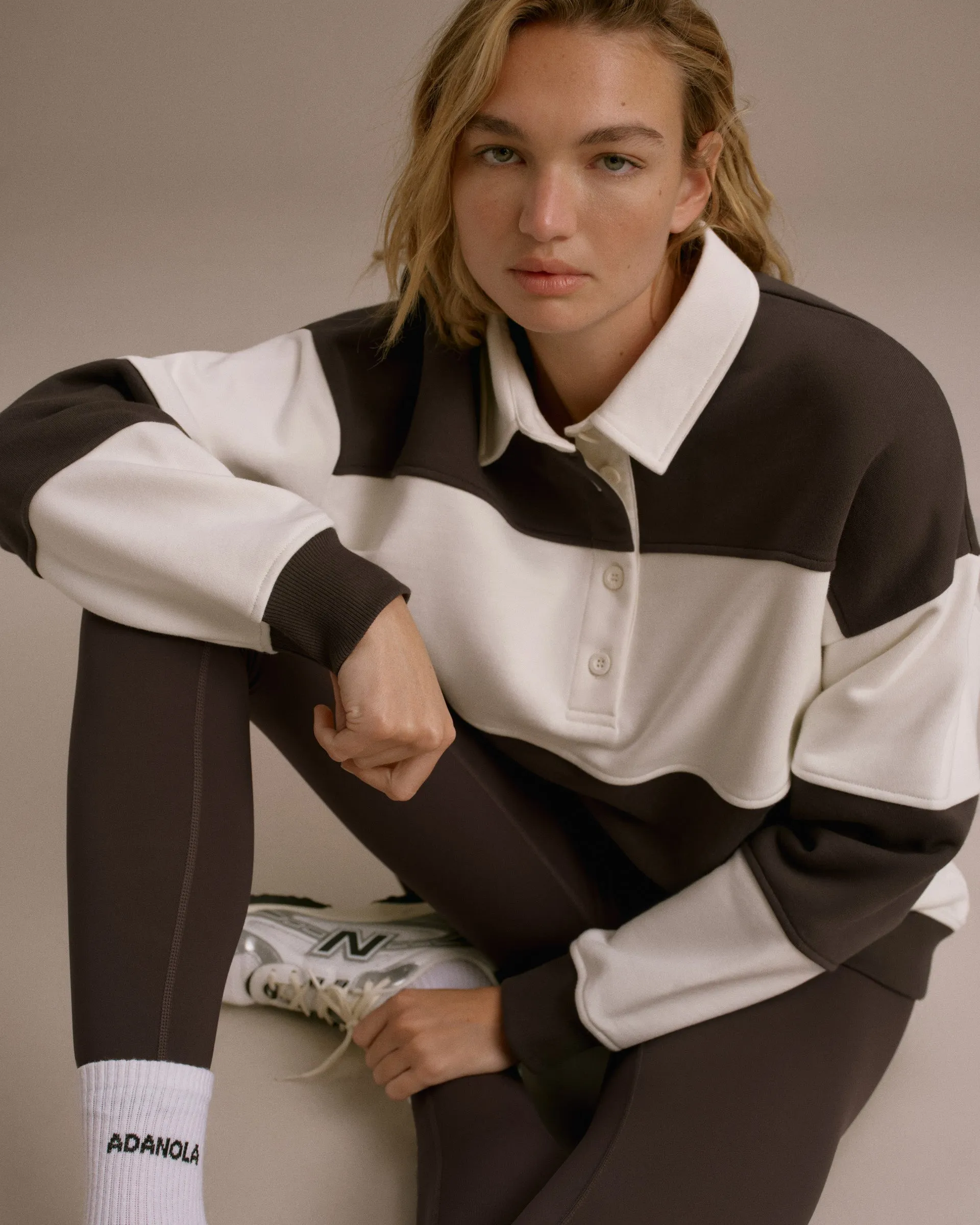 Stripe Oversized Henley Sweatshirt - Coffee Bean/Marshmallow White sold by Adanola product image thumbnail 3