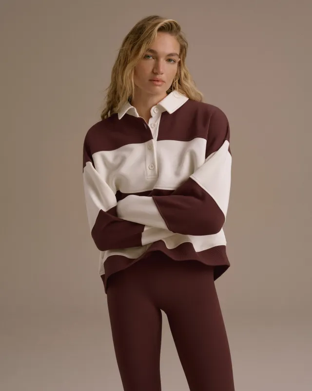 Stripe Oversized Henley Sweatshirt - Burgundy/Marshmallow White sold by Adanola