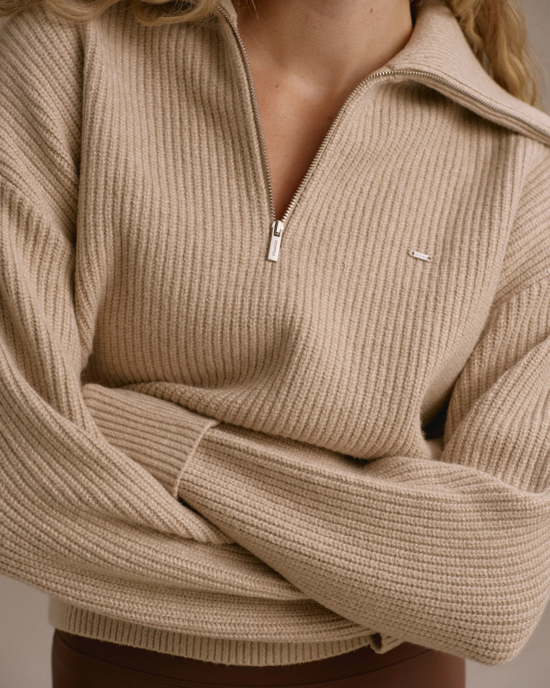 Knit Collared Quarter Zip Sweatshirt - Almond sold by Adanola product image thumbnail 3