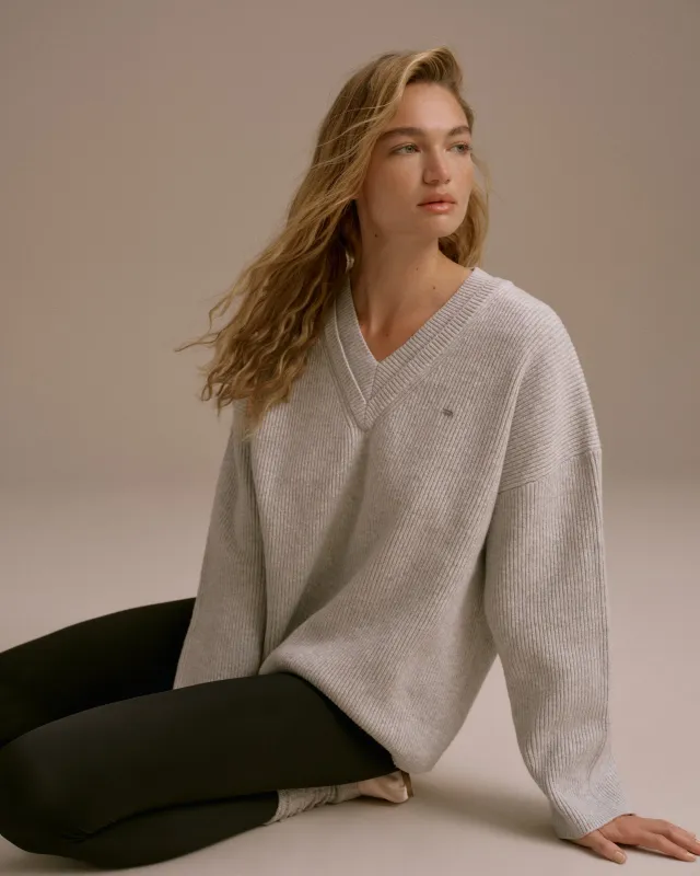 Knit Double V Neck Sweatshirt - Light Grey Melange sold by Adanola