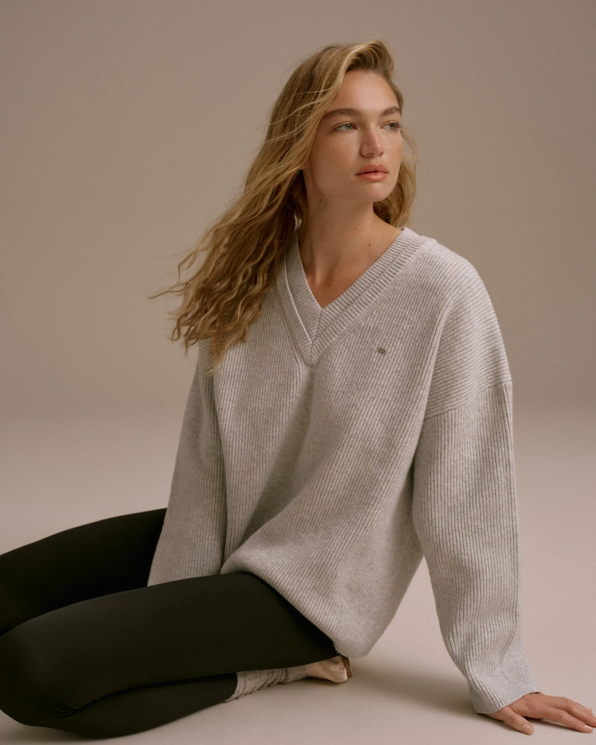 Knit Double V Neck Sweatshirt - Light Grey Melange sold by Adanola