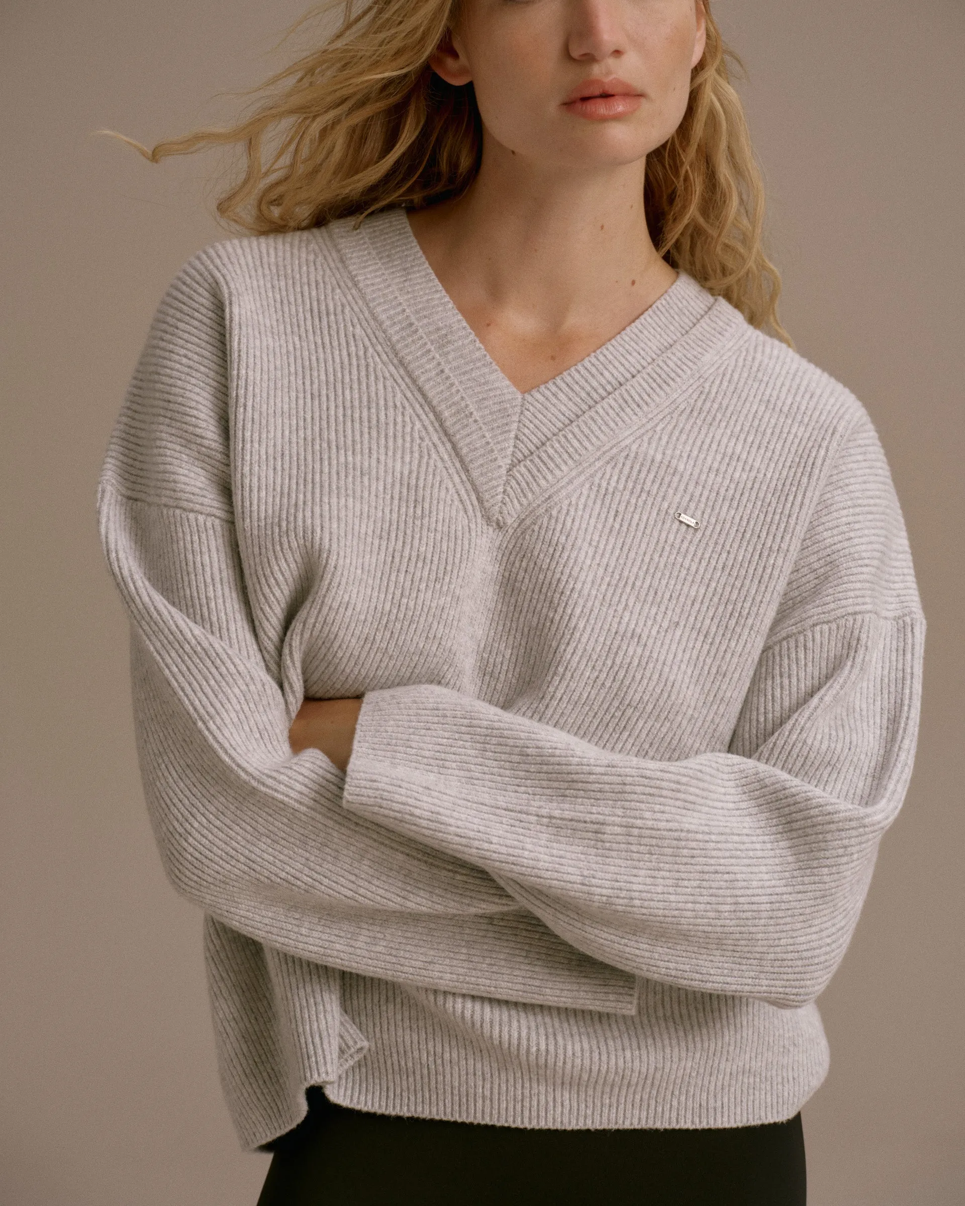 Knit Double V Neck Sweatshirt - Light Grey Melange sold by Adanola product image thumbnail 3