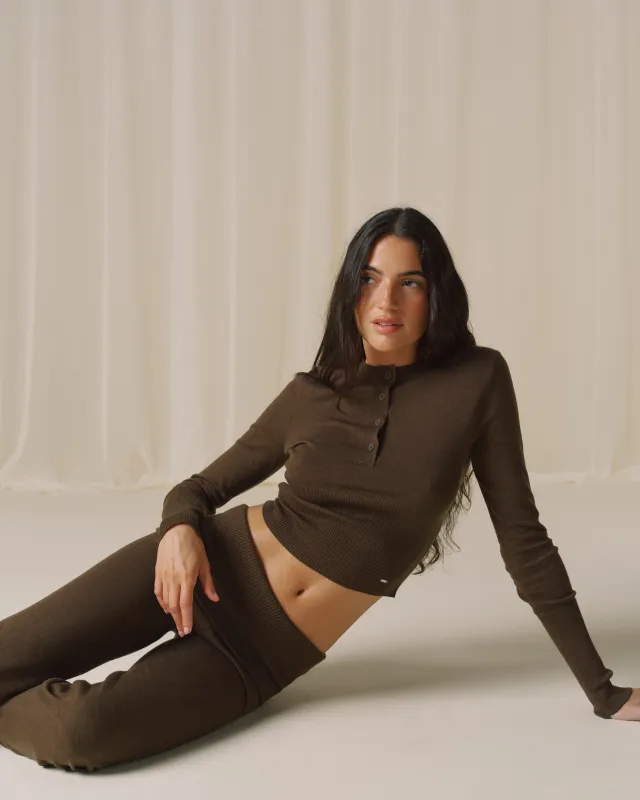 Knit Button Up Top - Dark Mocha Brown sold by Adanola