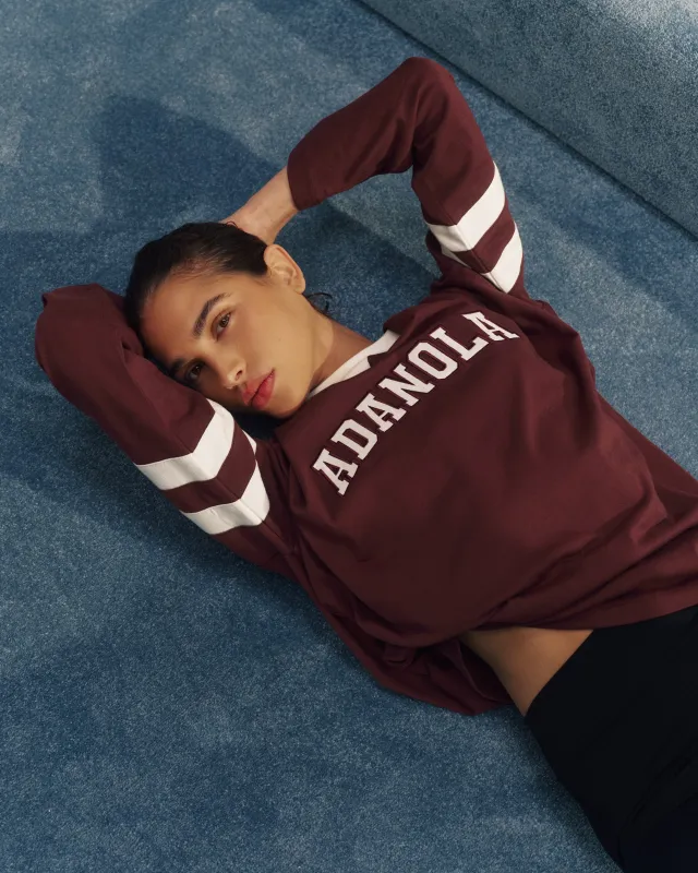 Varsity Boxy Long Sleeve T-Shirt - Burgundy/Marshmallow White sold by Adanola