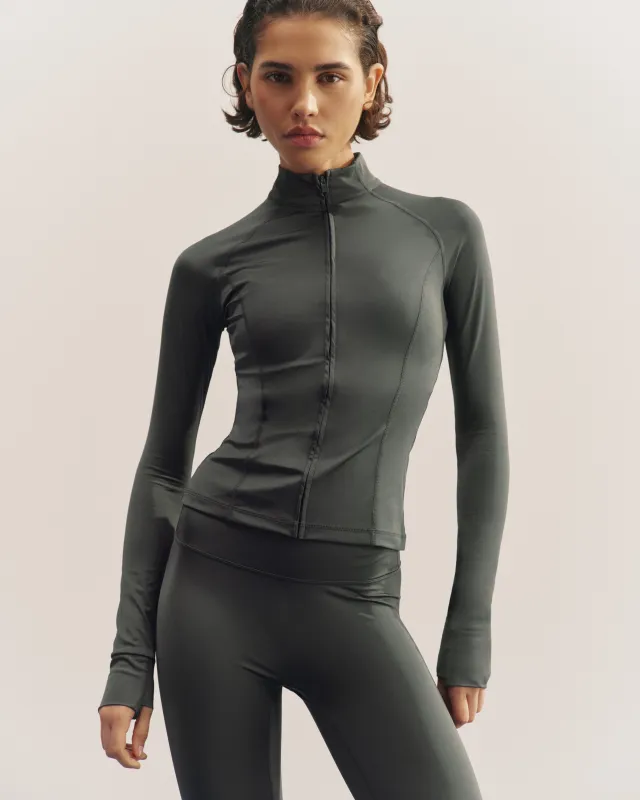 Ultimate Gloss Long Sleeve Zip Up Top - Grey sold by Adanola