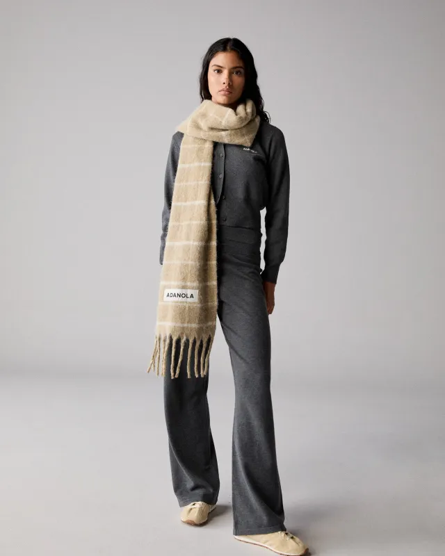 Wool Blend Brushed Checked Scarf - Stone/Marshmallow White sold by Adanola