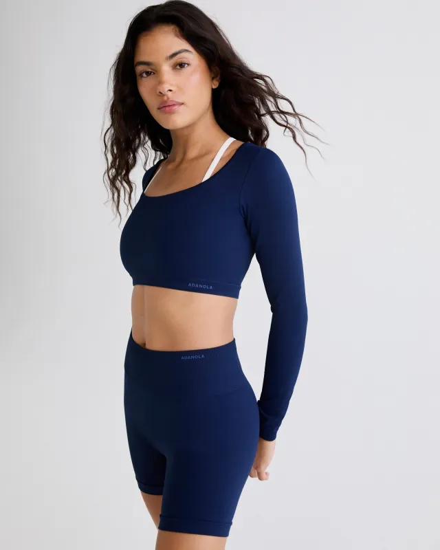 Classic Seamless Open Back Long Sleeve Top - Navy Blue sold by Adanola