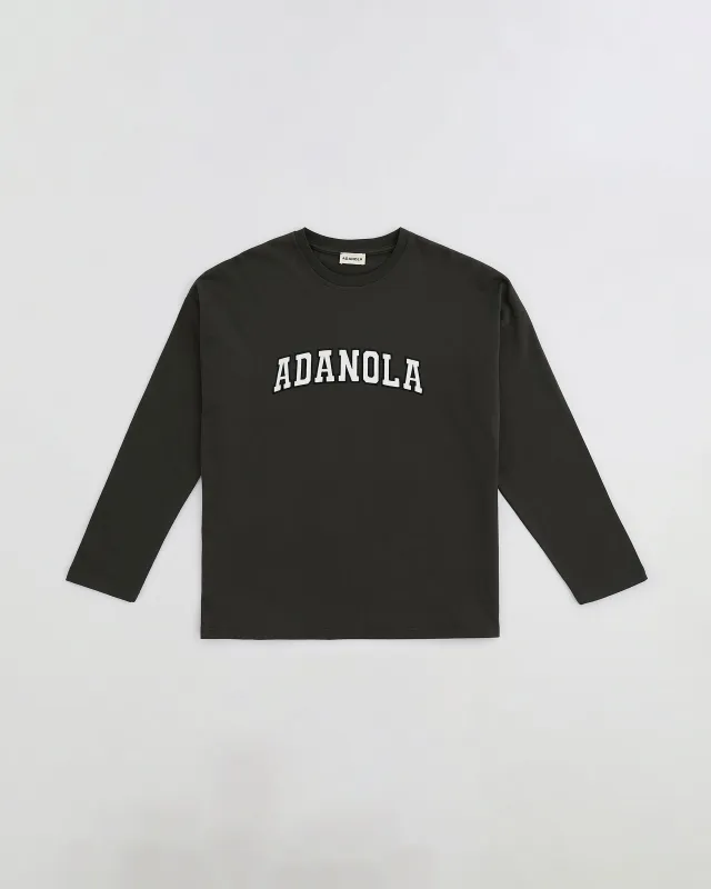 Varsity Long Sleeve Drop Shoulder T-shirt - Coffee Bean/White sold by Adanola