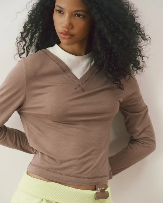 V-Neck Double Layered Top - Dusty Brown/White made by Adanola