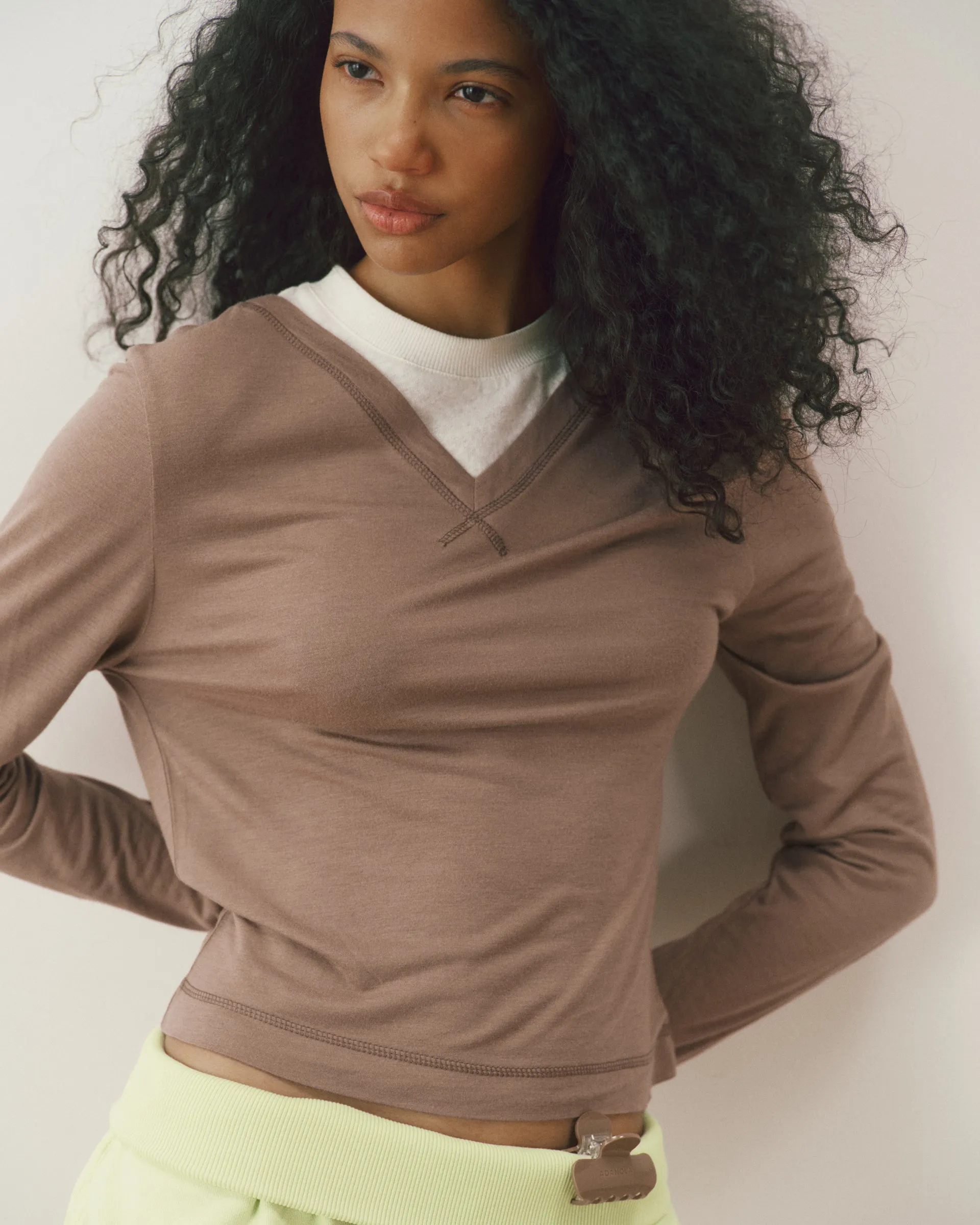 V-Neck Double Layered Top - Dusty Brown/White sold by Adanola