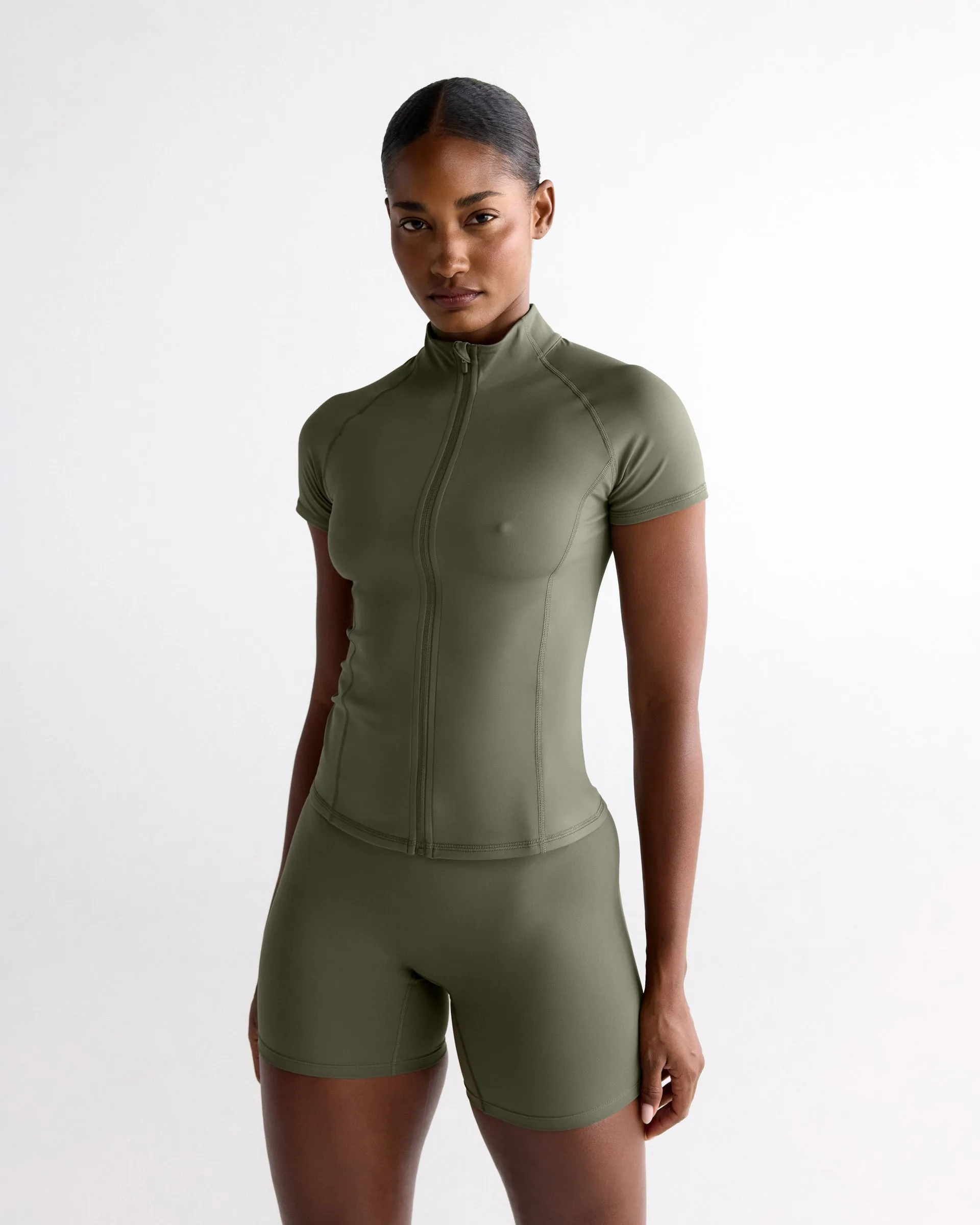 Ultimate Short Sleeve Zip Up Top - Olive Green sold by Adanola