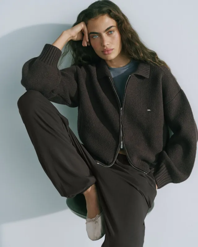 Knit Collared Bomber Jacket - Coffee Bean made by Adanola