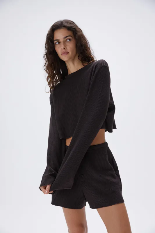 Waffle Long Sleeve Crop Top - Coffee Bean sold by Adanola