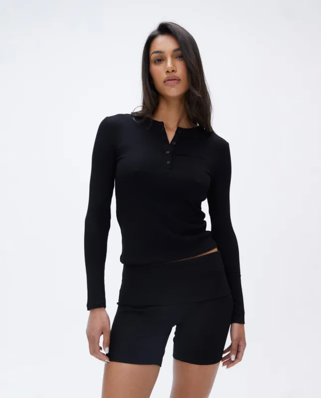 Rib Long Sleeve Button Up Top - Black sold by Adanola