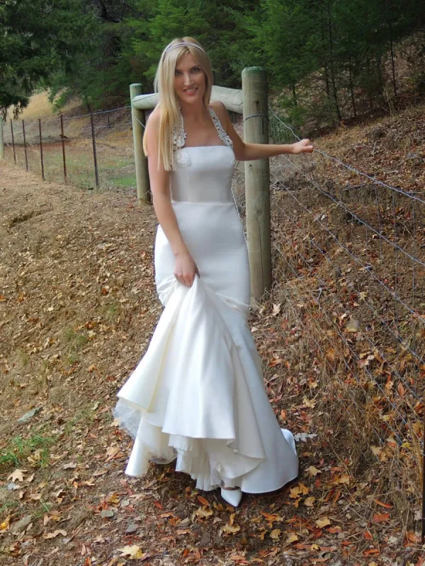 Halter Neck Mermaid Sleeveless Satin Simple White Wedding Dress sold by KissProm