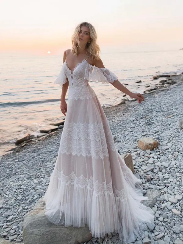 Bohemian Beach Champagne Spaghetti Straps Backless Wedding Dresses sold by KissProm