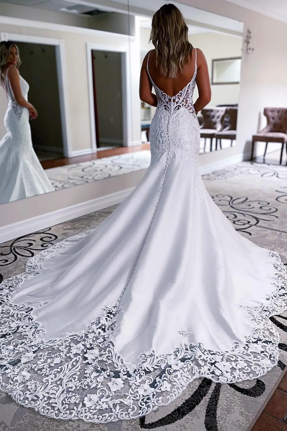 Christina | White Mermaid Long Satin Wedding Dress with Appliqued sold by KissProm product image thumbnail 2