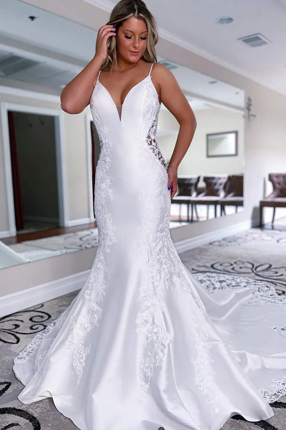 Christina | White Mermaid Long Satin Wedding Dress with Appliqued sold by KissProm