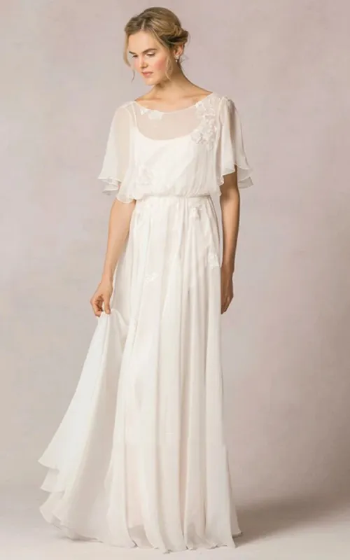Sheath Scoop-Neck Floor-Length Poet-Sleeve Appliqued Chiffon Wedding Dress With Pleats sold by KissProm