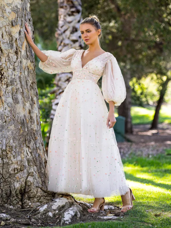 Deep V Starlit Cloud Ruffle Cuffs Maxi Length Dress sold by KissProm