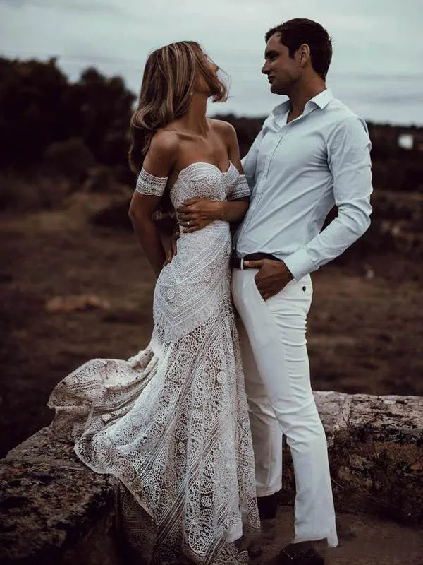 Mermaid Off-the-Shoulder Backless Ivory Lace Beach Wedding Dresses sold by KissProm product image thumbnail 4