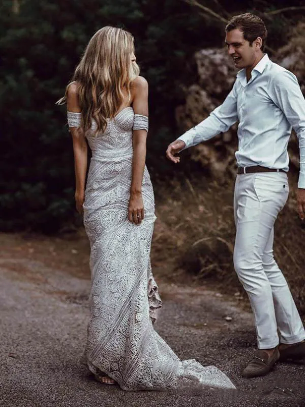 Mermaid Off-the-Shoulder Backless Ivory Lace Beach Wedding Dresses sold by KissProm