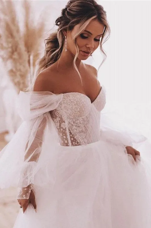 Boho A-Line Wedding Dresses Detachable Long Puff Sleeve sold by KissProm product image thumbnail 3