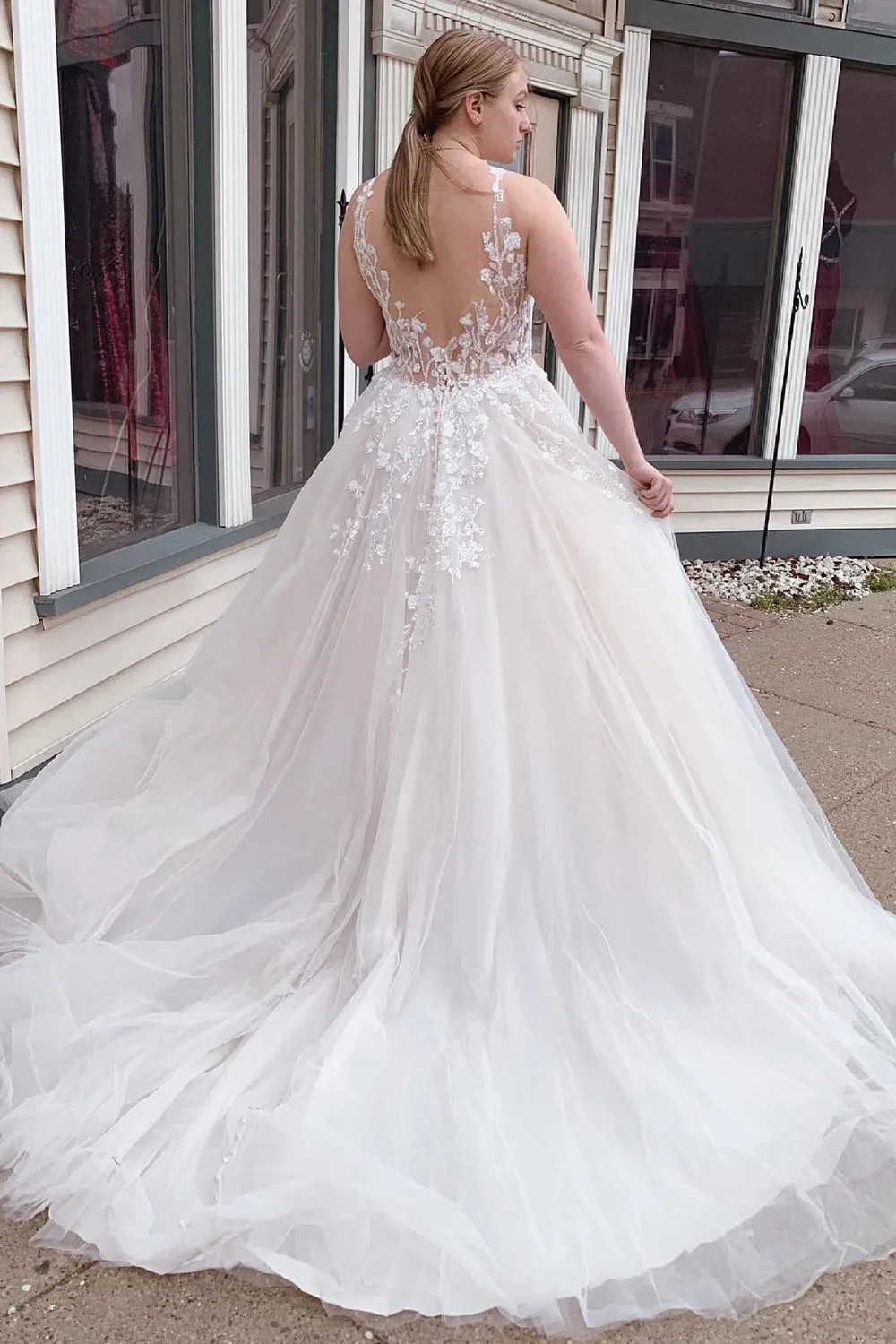 Roselyn | A-Line Tulle Sparkly White Wedding Dress with Appliques sold by KissProm product image thumbnail 2
