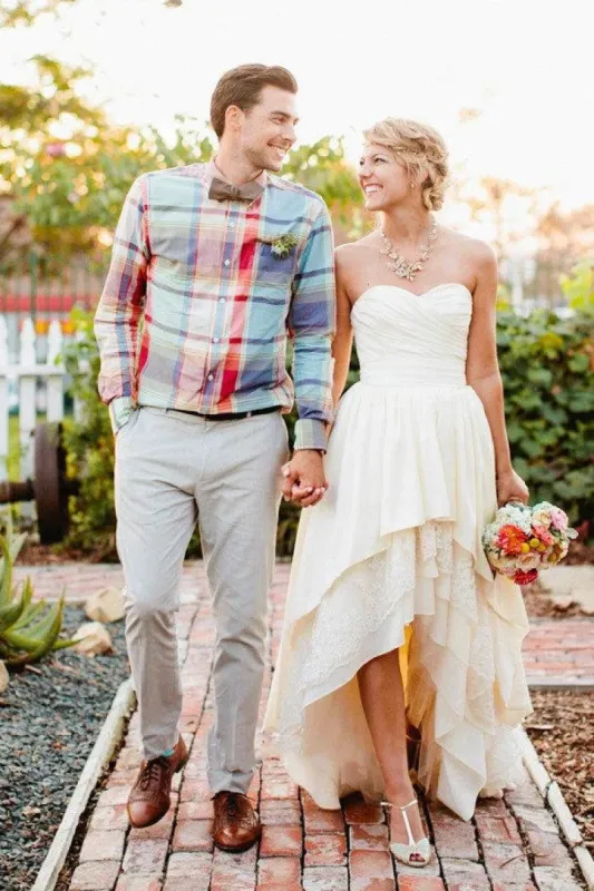 Sweetheart High-Low Chiffon Wedding Dress With Tiers And Crystal Detailing sold by KissProm