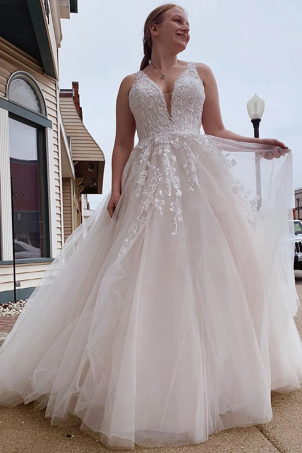 Roselyn | A-Line Tulle Sparkly White Wedding Dress with Appliques sold by KissProm