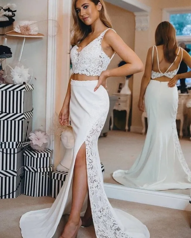 Mermaid Two Pieces Beach Wedding Dresses with Slit sold by KissProm