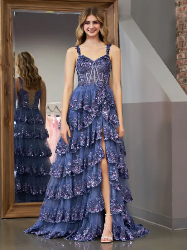 Grey Blue Princess A Line Off the Shoulder Corset Prom Dress with Lace Ruffles sold by KissProm