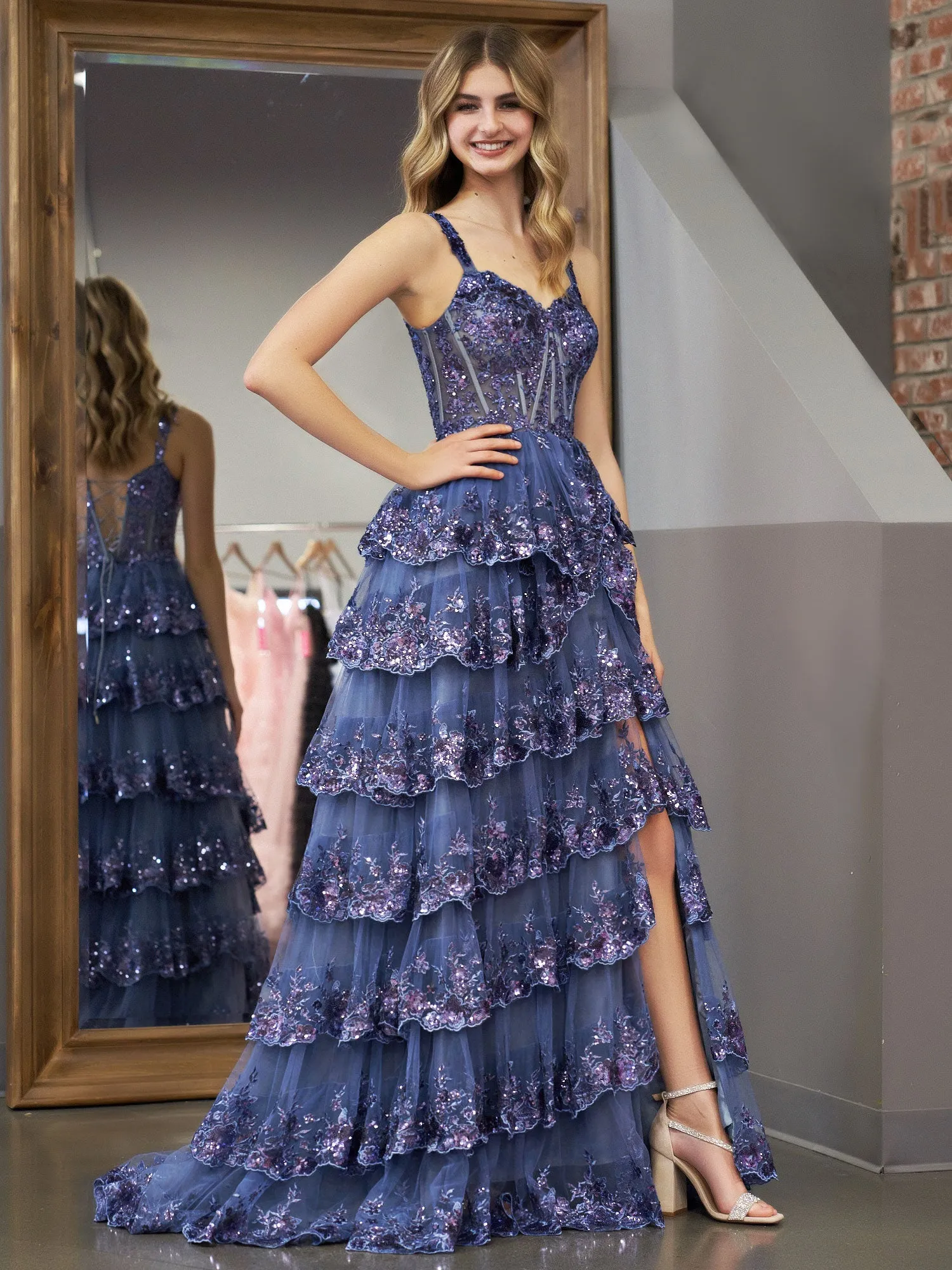 Grey Blue Princess A Line Off the Shoulder Corset Prom Dress with Lace Ruffles sold by KissProm product image thumbnail 2